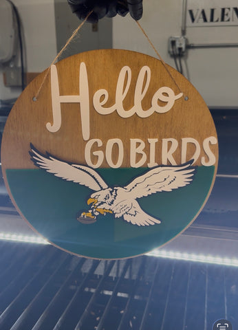 Go Birds HELLO Sign – 11.5" Acrylic & Wood Door Hanger